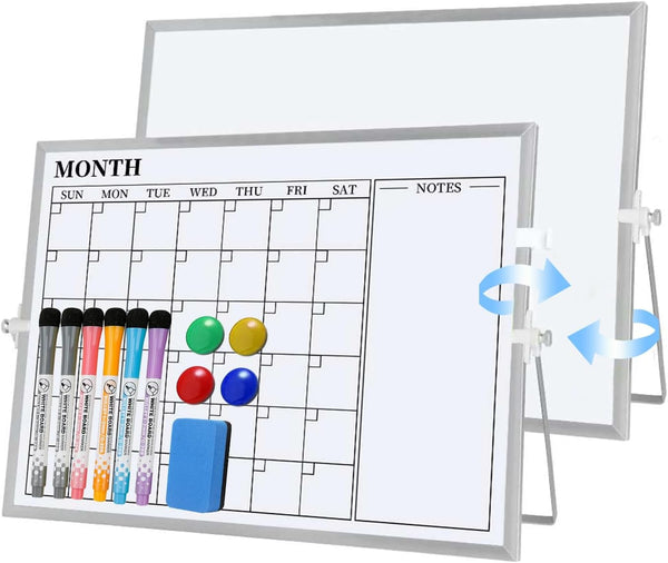 Dry Erase White Board, 16 x 12 inches Double-Sided Magnetic Monthly Planner with Stand for Kitchen, School