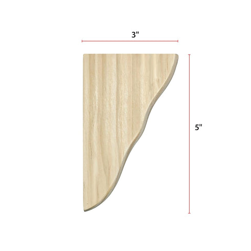 WADDELL Pine Corbel, 5" Height x 3" Depth x 3/4" Thick, Decorative for Countertops & Shelves