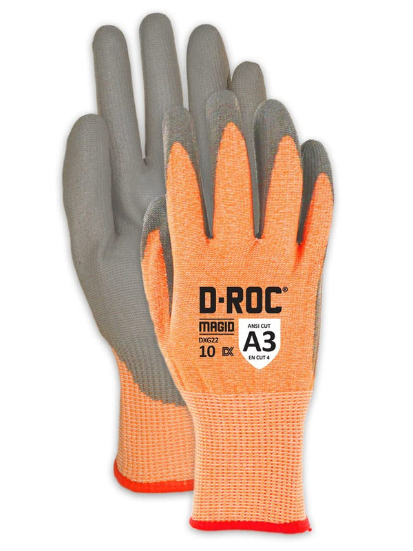 MAGID D-ROC 18-Gauge Cut-Resistant Gloves, Hi-Vis Orange, Size 9/L, 1 Pair, ANSI Level A3, DXG22