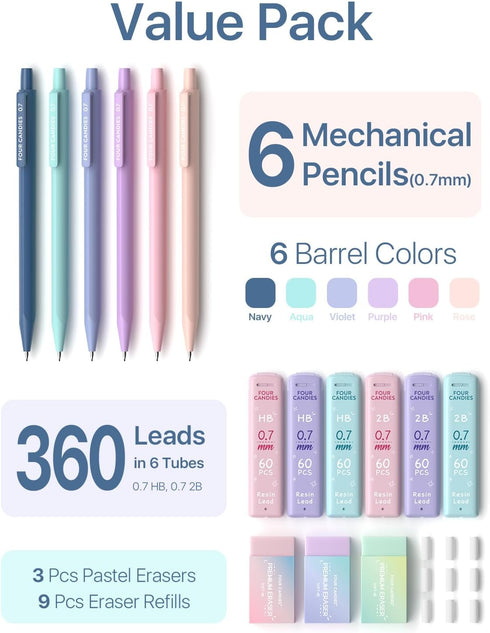 Four Candies Mechanical Pencils 0.7mm, 16-Count Pack with HB & 2B Lead Refills