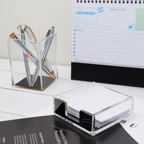 Set MEI YI TIAN Clear Acrylic Black Pen Holder Sticky Notes Holder Pencil Cup Note Dispenser Desk Organizer for School