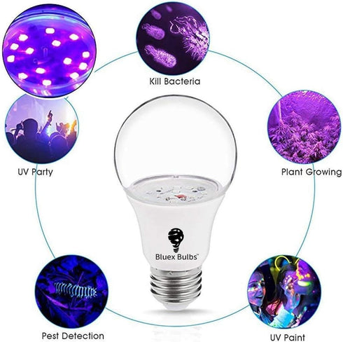 Bluex Bulbs 2 Pack LED Black Light Bulb, 9W A19 E26 Blacklight Bulb Level 385-400nm, Body Paint, Glow in The Dark LED Light Bulb Neon Glow Fluorescent Poster Black Bulb (2 Pack) by Bluex Bulbs