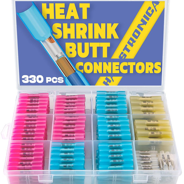 330 PCS haisstronica Heat Shrink Butt Connectors, Marine Grade Waterproof Electrical Crimp Wire Connectors Kit, Tinned