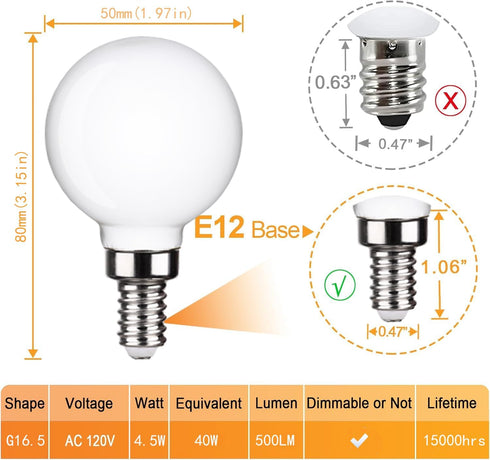 KLY G50 Bulb E12, 2700K Bulbs, 40W Bulbs A15 500LM, CRI90, Dimmable, 6 Pack Ceiling Fan Light Warm White Candelabra LED