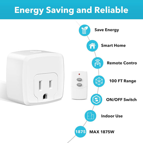 HBN Remote Control Outlet with 100FT RF Signal, Wireless On Off Switch Plug, 15A/1875W