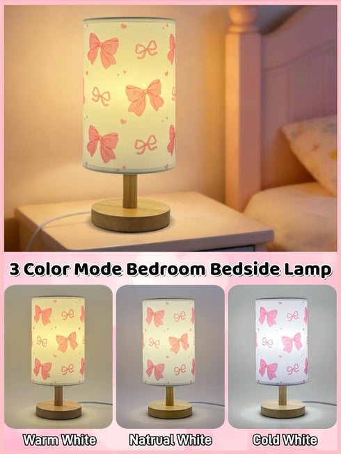 Agrollozi 3-Way Dimmable Pink Bow Table Lamp, Girls for Bedroom Bedside Lamp, Nightstand Night Light with Linen Fabric