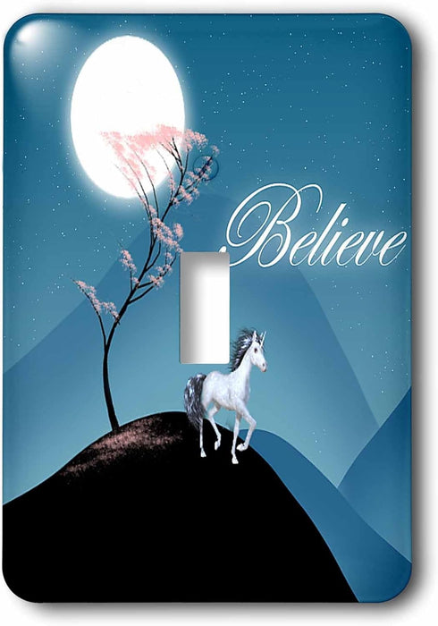 3dRose lsp_165239_1 Believe, Stylized Tree On Hill with Unicorn, Moon, and Pink Flowers Toggle Switch by 3dRose