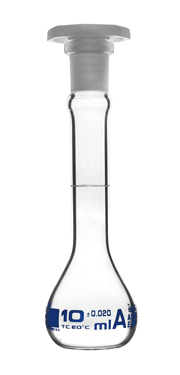 EISCO Volumetric Flask, 10ml - Class A, ASTM - Tolerance ±0.02ml - Polypropylene Stopper - Single, White Graduation - Borosilicate Glass