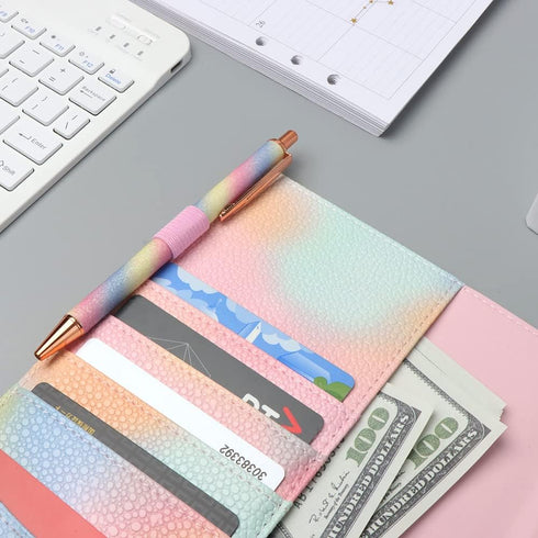 Pink PU Leather Budget Binder Cover for A5 6-Ring Money Organizer, Refillable Loose Leaf Receipt Notebook with Card