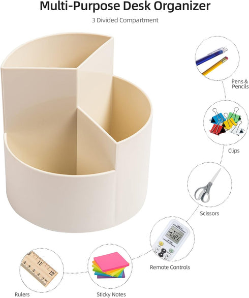 Desk Pencil Pen Holder, 3 Slots 360-Degree Spinning Organizer for Office, Art Supply, Cute Pencil Cup, White
