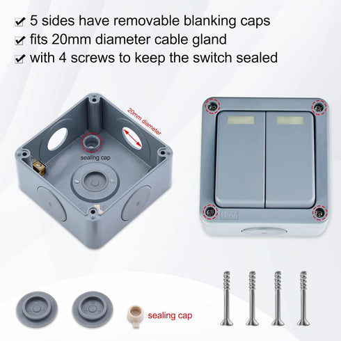 Switch,10A 125VAC 3PK M20x1.5 20mm Diameter,IP66 SuperInk ABS Outdoor Waterproof Dual Light Switch Waterproof,Enclosure