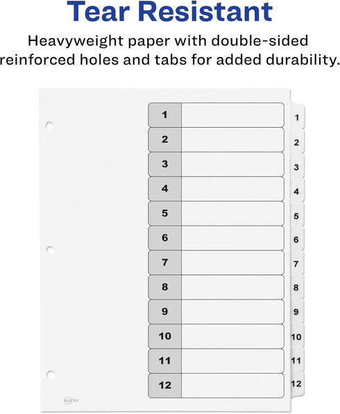 Avery 12 Tab Dividers for 3 Ring Binders, Customizable Table of Contents, 1 Set, Classic White Tabs (11140)