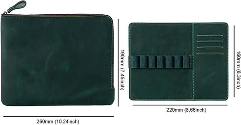 Genuine Leather Zip Pen Case - Creative 7 Slots with Removable Pen Tray Holder (Green)