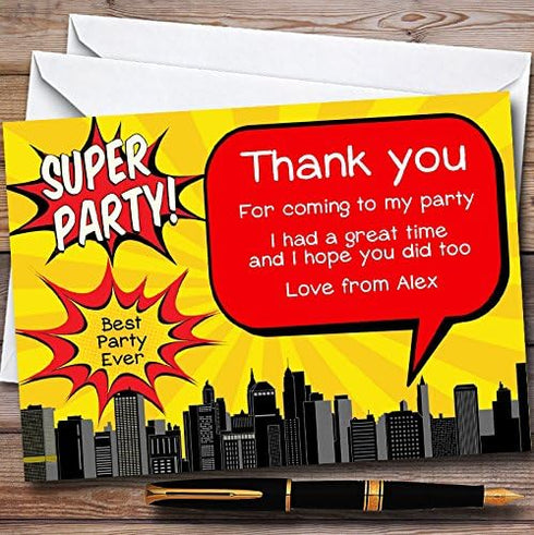The Card Zoo Yellow Comic Superhero Personalized Childrens Birthday Party Thank You Cards