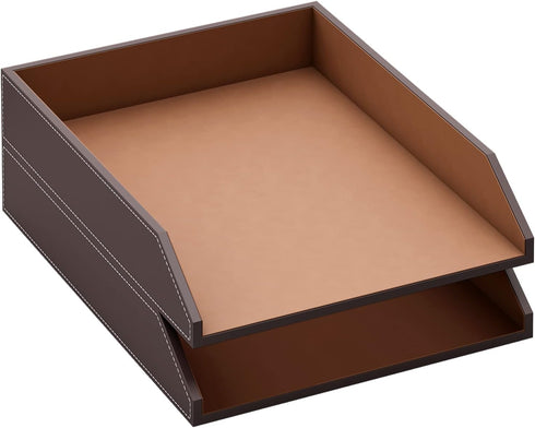 Thipoten Leather Letter Tray, Stackable Desk Organizer Holder for Office Supplies, Paper, and Files, Brown-2Tiers