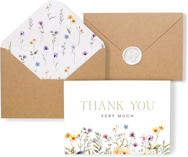 Liheheca Wildflower Thank You Cards with Envelopes, 24 Pack bulk, 4x6 Inch, Wax