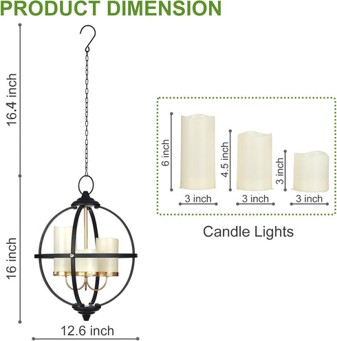 SUNNYPARK 3 12.6" Battery Operated Outdoor Candle Chandelier - Black and Gold Metal Globe Hanging Pendant Light