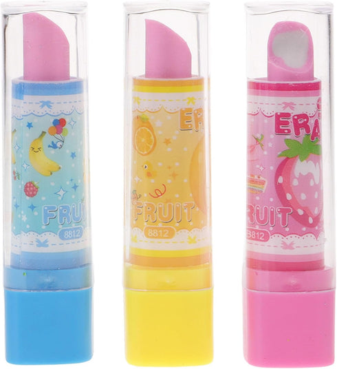 ibasenice Kids Lipstick Erasers, 3pcs Cute Cartoon Novelty Erasers for Kids Stationery