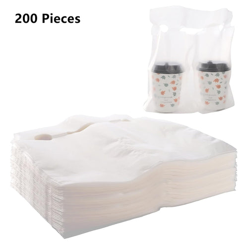 200 Pack Packaging 12" 11" 2 DEAYOU Handle Drinking Poly Bags, Clear Plastic Bags for Delivery, L x H Hanging Hole Cup