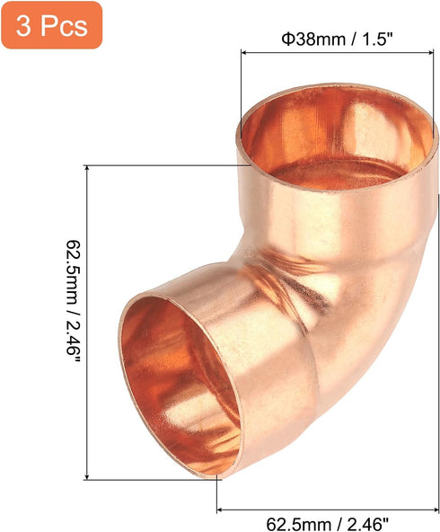 uxcell 3 Pcs 1.5 inch 90 Degree Elbow Copper Pipe Fitting Connector for Plumbing, Sweat Solder Connection