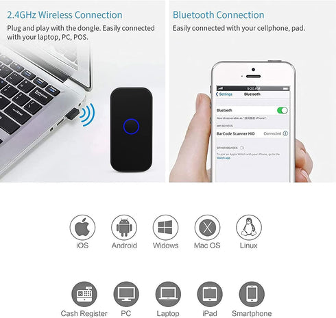 Bluetooth 2D Wireless Barcode Scanner, Symcode 3-in-1 USB Wired & 2.4G Wireless & Bluetooth 4.1 Reader