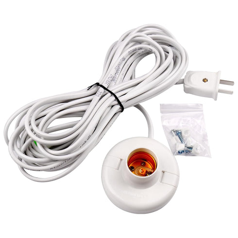 1pcs White Hanging Light Cord E27 Socket to 2-Prong with On/Off Switch, 26ft Wire