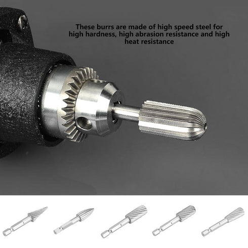 Rotary Burr Set 5pcs High Speed Steel 1/4inch Hex Shank Tools for Carving, Shaping, and Edge Removal