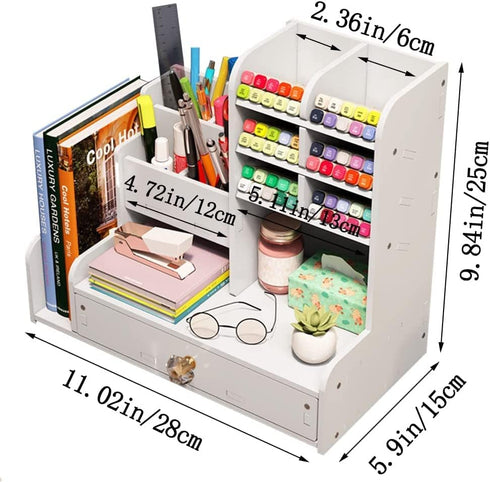 Upgraded Desktop Stationary Organizer with Drawer, DIY White Pencil Holder for Home, Office and School Tidy Caddy