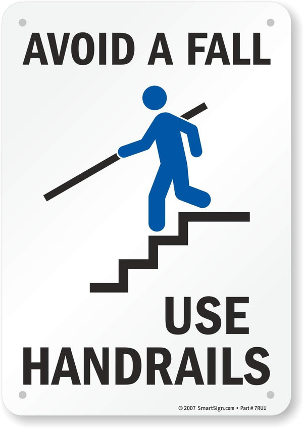SmartSign Plastic Sign, "Avoid a Fall, Use Handrails", 10" x 7", Black/Blue on White