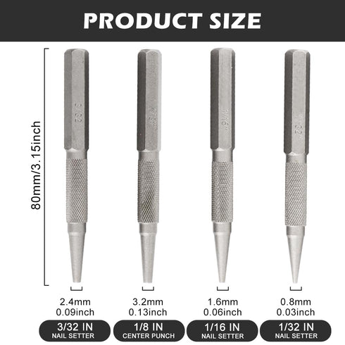 iayokocc 4pcs Set, 1/32", 1/16", 3/32" Setter 1/32" Setter Carpenter Center Punch Professional Nail & Nail & Center