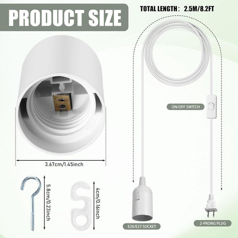 6 Bulb 8.2Ft E26/E27 Pcs Light Socket Extension Hanging Lantern Cord Cable Lamp Cord with Switch Pendant Light Socket
