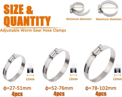 ISPINNER 12pcs 304 Stainless Steel Adjustable Worm Gear Hose Clamps Assortment Kit, 2 Inch, 3 Inch, 4 Inch
