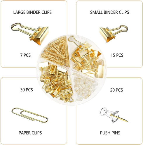 Gold Paper Clips and Binder Clips Set, Metal Assorted Sized Binders with Push Pins, Cute Gold Office Supplies for Desk, Desk Accessories by CREECHWA