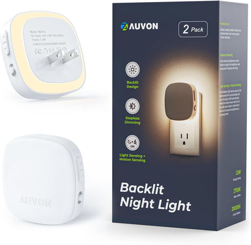AUVON Plug-in LED Backlit Night Light with Motion Sensor & Dusk to