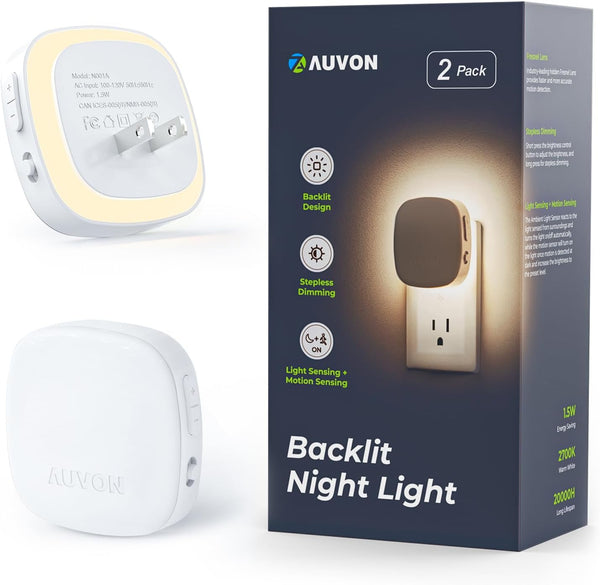 AUVON Plug-in LED Backlit Night Light with Motion Sensor & Dusk to