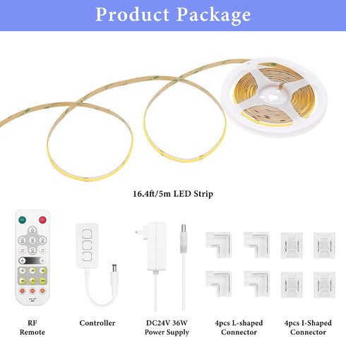 16.4ft/5m 4000K 24V Dimmable 2400LEDs CRI90+ COB Smart LED Strip Light - Natural White Strip Light with Remote Super