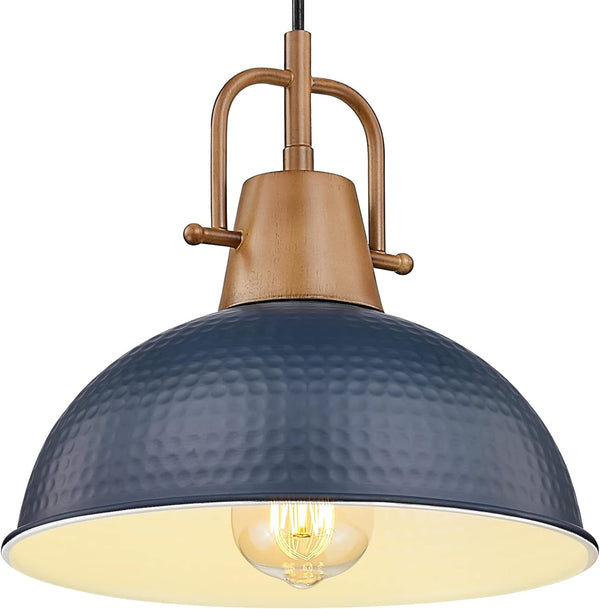 Emliviar Dome Pendant Light, Wood Adjustable Hanging Lamp with Hammered Metal Shade,