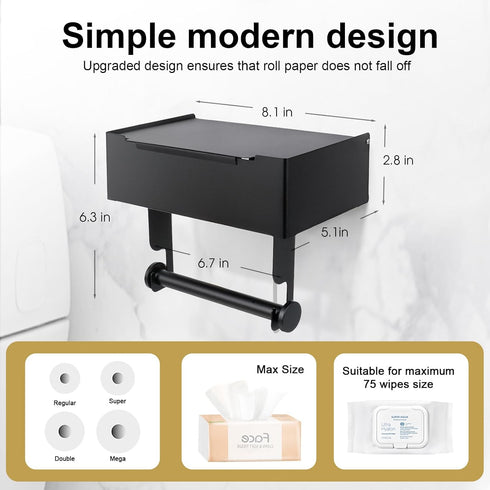 Beileqi Matte Black Toilet Paper Storage Holder with Shelf for Wet Wipes, Sanitary Tampon, Trash Bags, Bathroom Wipes