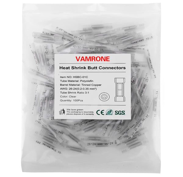 Heat Shrink Butt Wire Connectors, 100Pcs 26-24 AWG Clear Insulated Waterproof Electrical Crimp Terminals