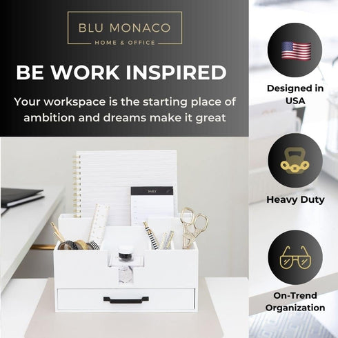 White Wood Office Desk Organizers and Accessories, Small Desk Organizer with Drawer for Home Office