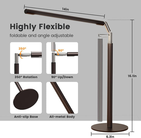 16" 15W, 1200LM, Dimmable Brown LED Desk Lamp - Foldable Metal Desk Light with Base, Color Changing Table Lamp
