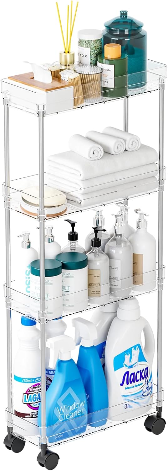 Yieach Clear 4 Tier Slim Rolling Storage Cart with Wheels,6.3W Thin Shelf,Bathroom Storage
