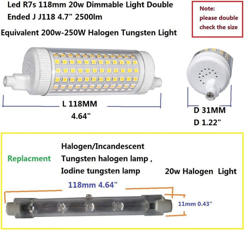 20W Dimmable LED R7s 118mm, 2500lm Equivalent 200W Halogen, Warm White 3000K, 2PCS Double Ended J J118