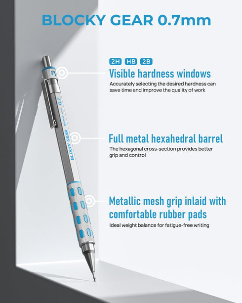 Nicpro Blocky Gear 0.7 mm Mechanical Pencils Set in Case, Metal Pencil with Lead Refills, Eraser for Professional & Adult Art Writing Drafting Drawing by Nicpro
