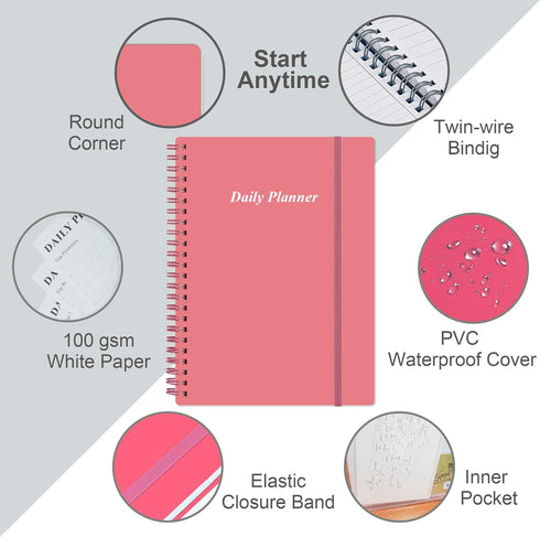 Daily Planner Undated - A5 To Do List Notebook Hourly Schedules, Spiral Appointment Planner for Women and Men, PVC Hardcover, Inner Pocket, Elastic Closure, 5.8" x 8.3", Pink by Heveboik