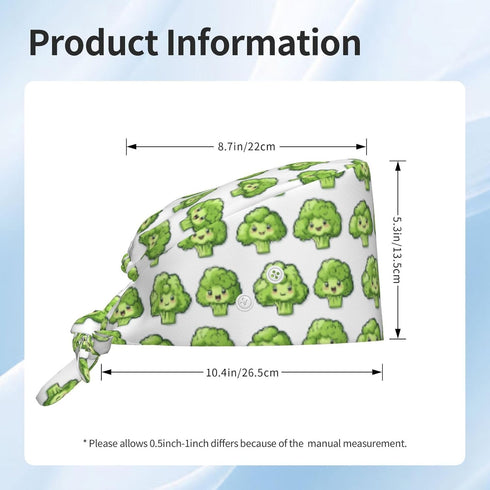 Nurse Scrub Cap Men Women with Buttons - Cute Broccoli Green Print Soft Comfy Surgical Cap, Adjustable Tie Back Scrub
