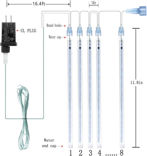 8 Kwaiffeo Christmas Lights Outdoor, Tubes Meteor Shower Lights LED Snow Falling Icicle Cascading Light for Xmas Tree