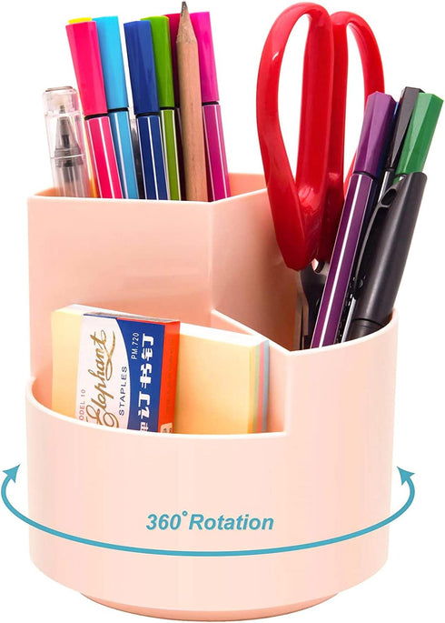 Desk Pencil Pen Holder, 3 Slots 360-Degree Rotating Organizer for Home, Office, School, Kids, Peach Pink