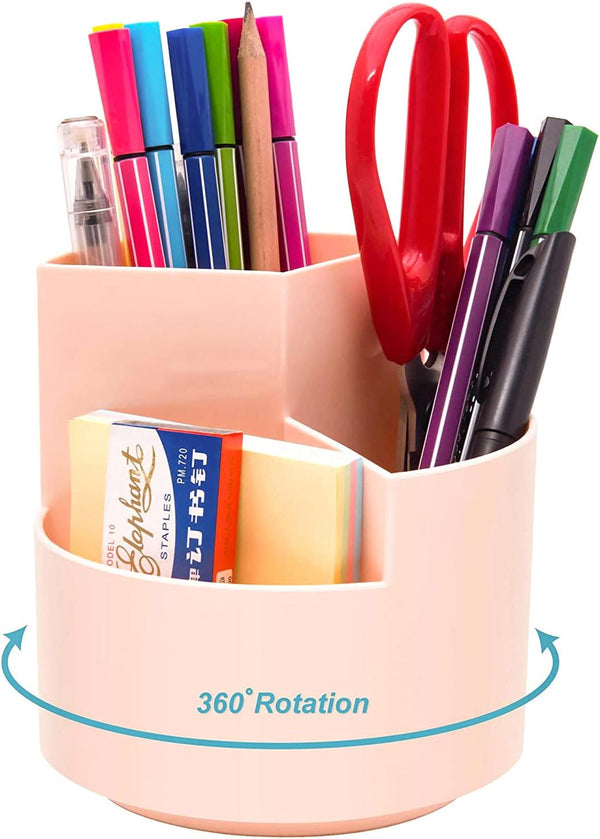 Desk Pencil Pen Holder, 3 Slots 360-Degree Rotating Organizer for Home, Office, School, Kids, Peach Pink