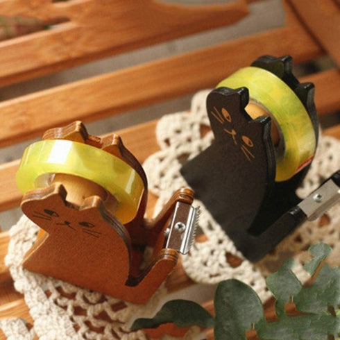 Cute Cat Tape Dispenser, Vintage Wooden Kitty Tape Cutter with 1 Roll Tape for Home Office Desktop Accessory